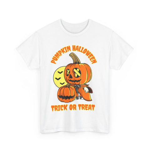 White t-shirt featuring a Halloween-themed graphic with a pumpkin and the text 'Trick or Treat'.