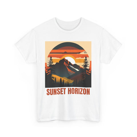 White t-shirt featuring a mountain range at sunset with pine trees and "Sunset Horizon" text.