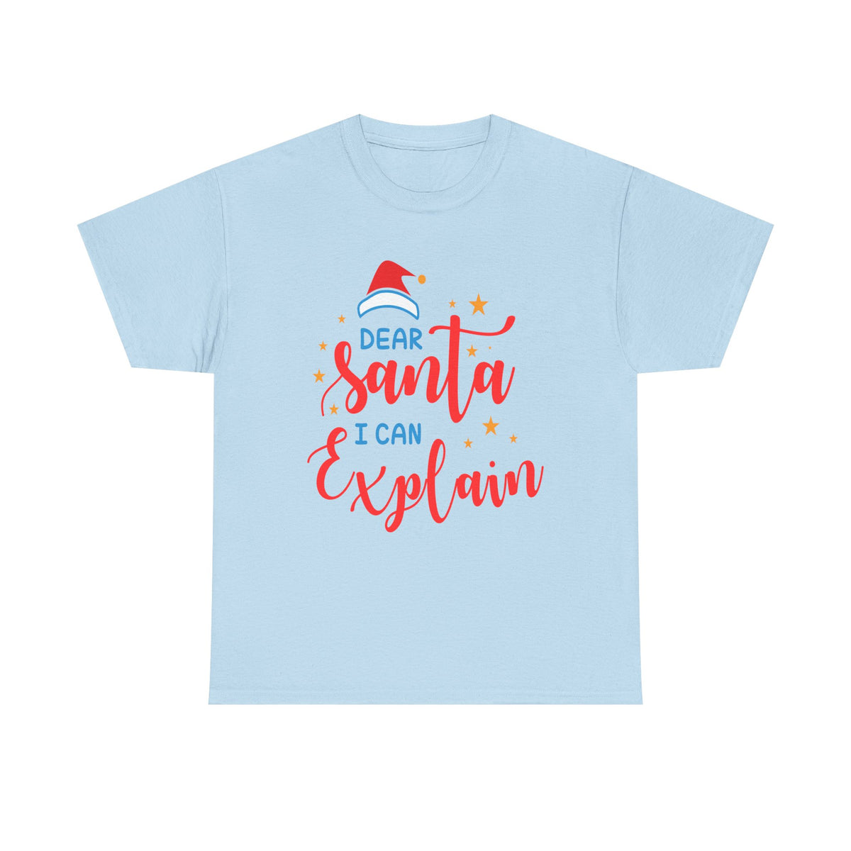 Light blue t-shirt with 'Dear Santa I Can Explain' Christmas graphic.