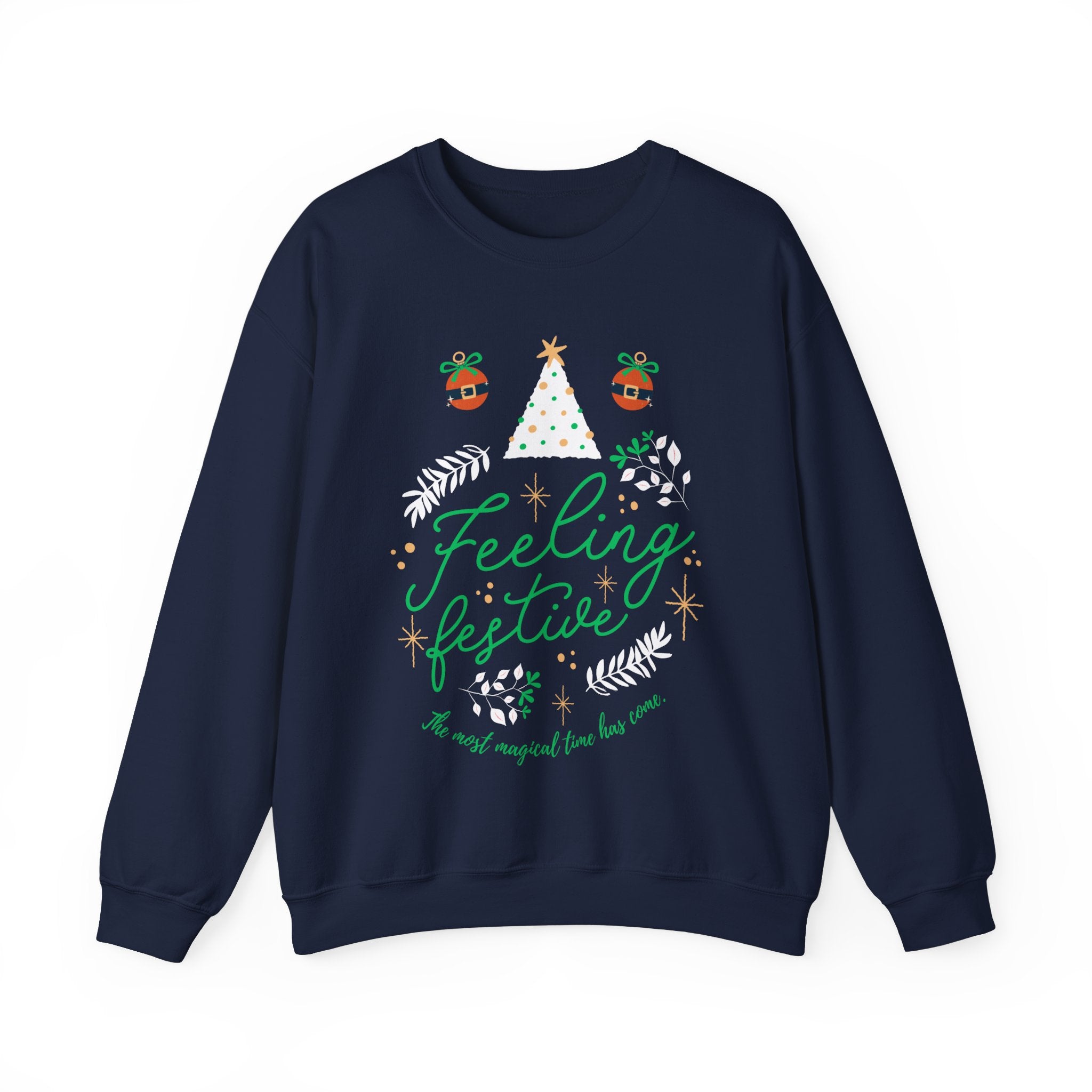 Navy blue sweatshirt with "Feeling Festive" graphic featuring a Christmas tree and ornaments.