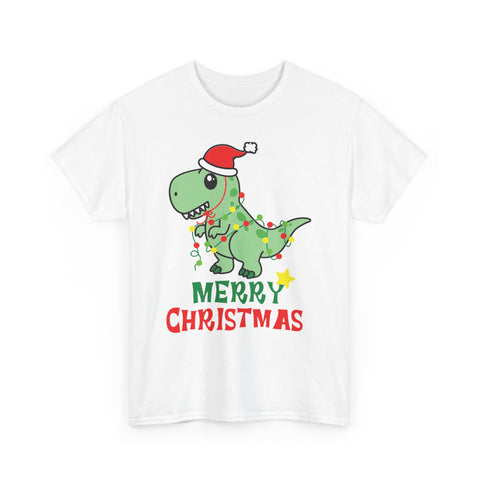 White t-shirt with a cartoon dinosaur wearing a Santa hat and Christmas lights, with 'Merry Christmas' text.