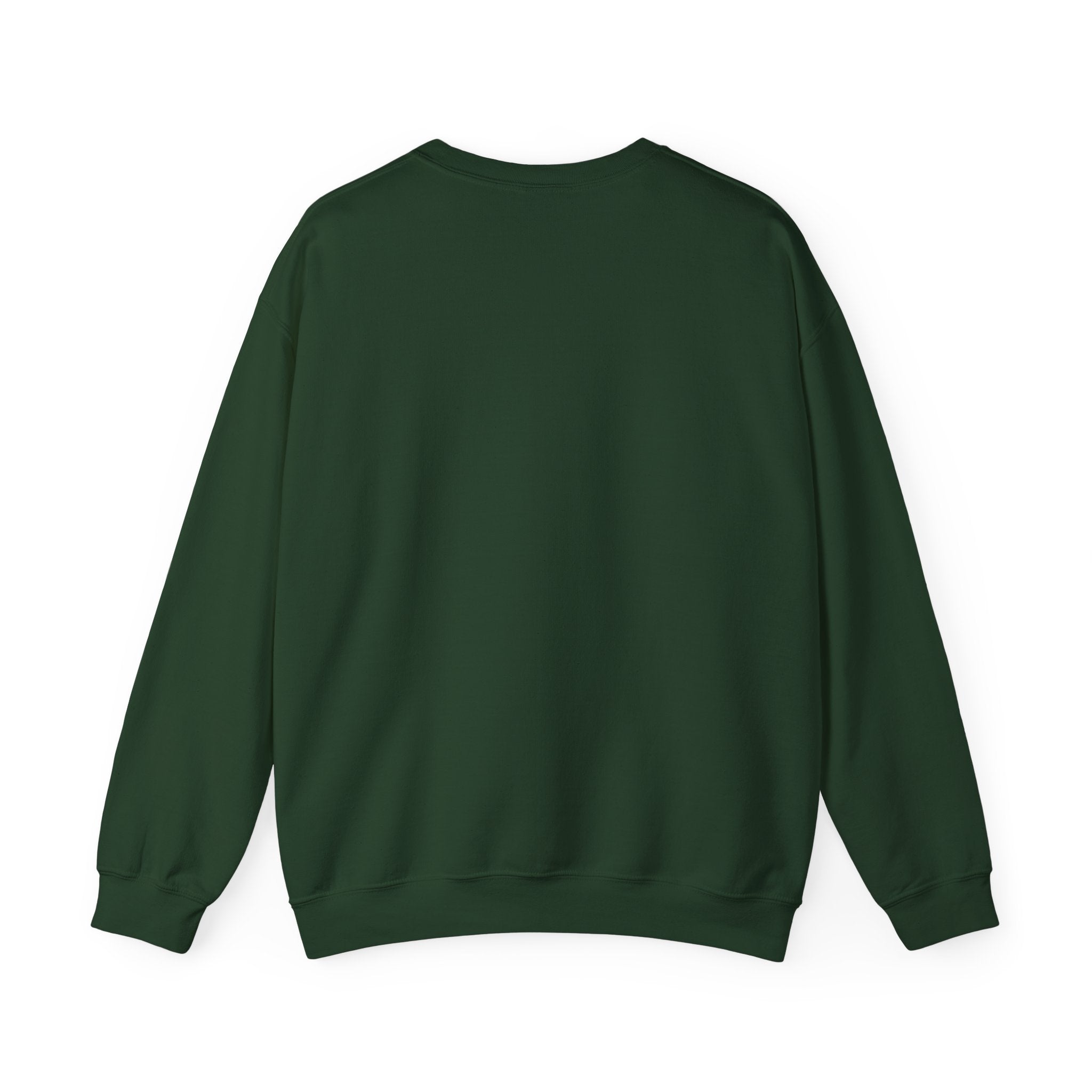 Back view of a plain forest green sweatshirt.