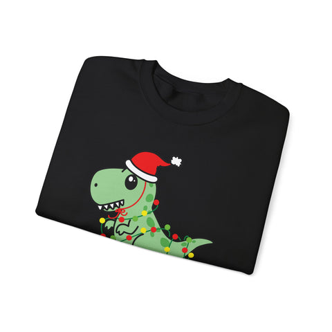 Black sweatshirt with a cartoon dinosaur wearing a Santa hat and Christmas lights.