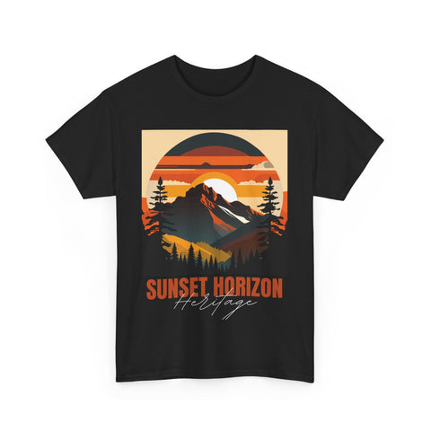 Black t-shirt featuring a sunset mountain graphic with trees and the text 'Sunset Horizon Heritage'.
