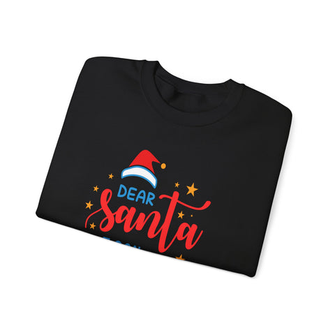 Folded black sweatshirt with 'Dear Santa' graphic and Santa hat design, holiday apparel.