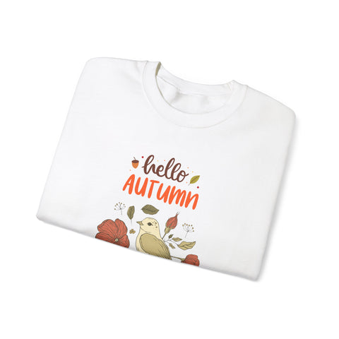 White sweatshirt with 'Hello Autumn' graphic featuring bird and fall foliage.