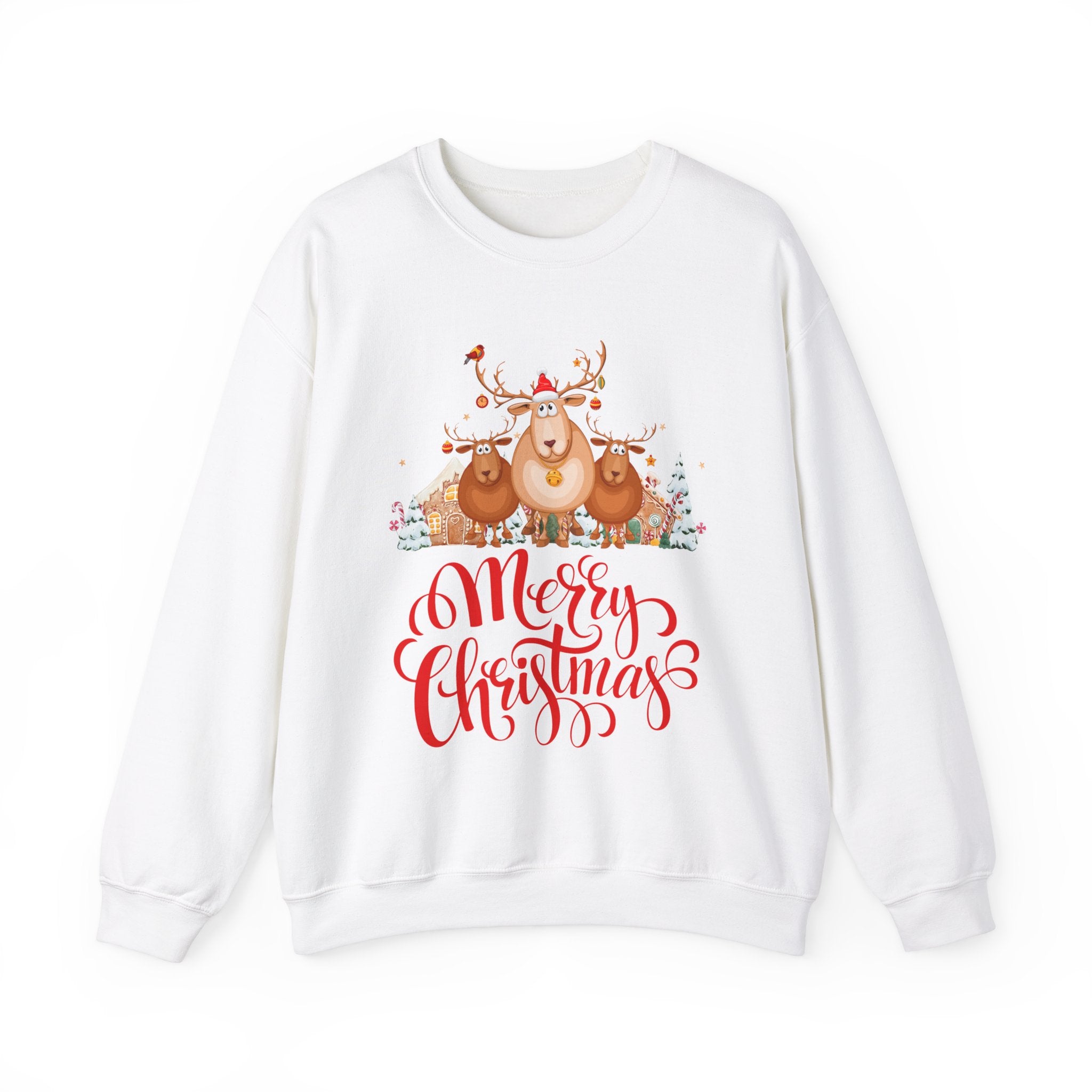 White sweatshirt with a reindeer and Merry Christmas graphic.