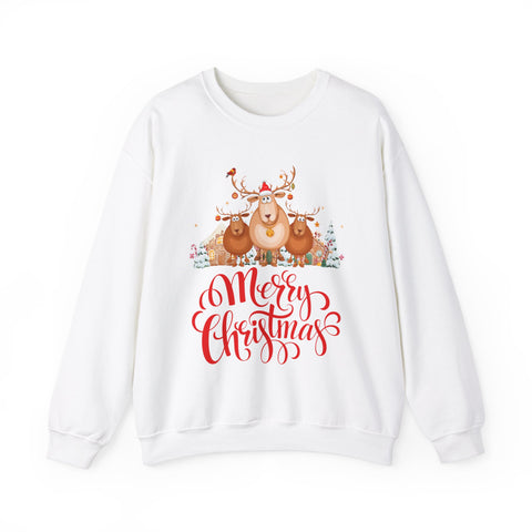 White sweatshirt with a reindeer and Merry Christmas graphic.