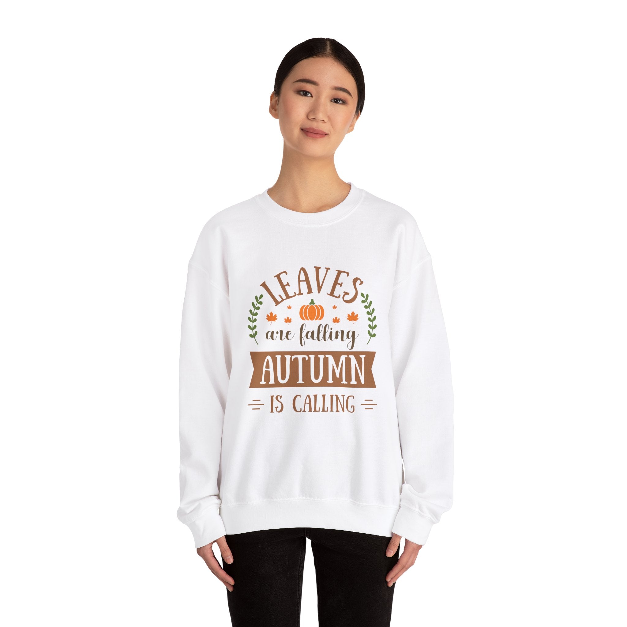 White sweatshirt with 'Leaves are falling AUTUMN is calling' design, worn by a model.