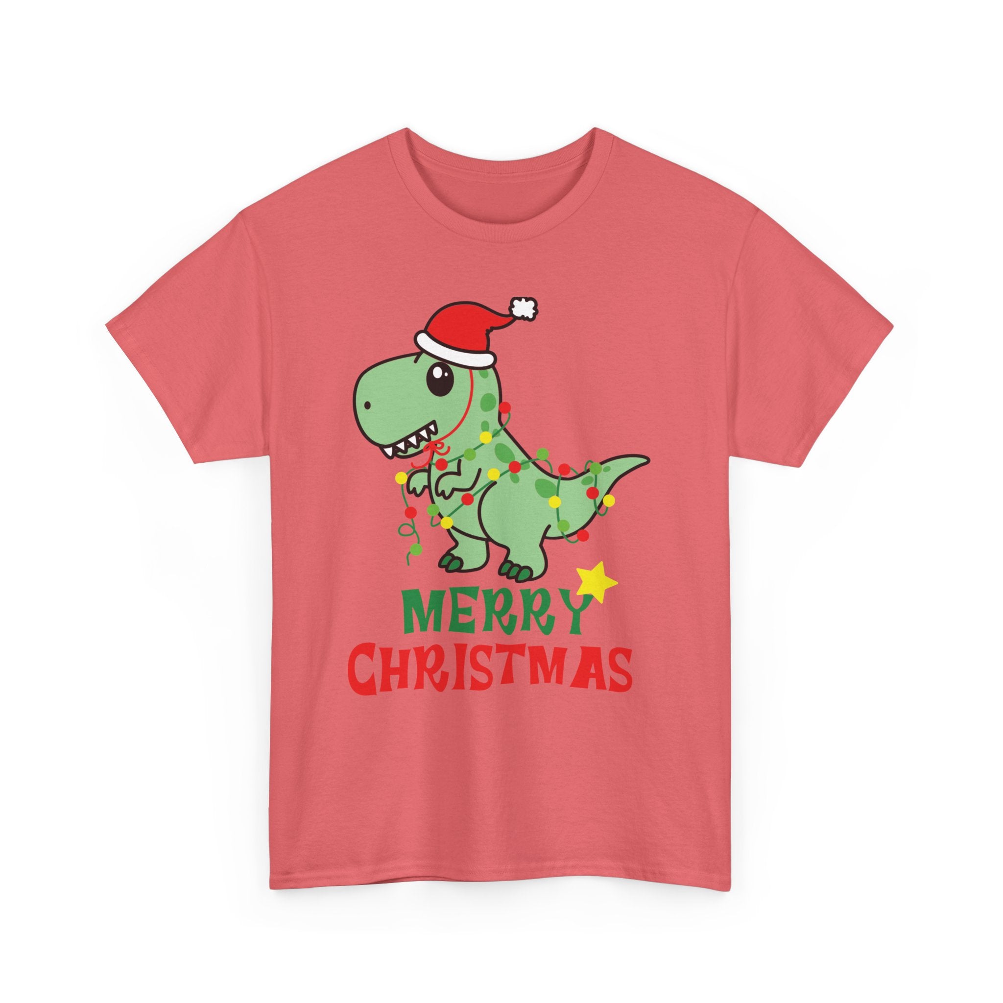 Salmon t-shirt with a Christmas dinosaur graphic. Features a dino in a Santa hat tangled in lights above 'Merry Christmas'.