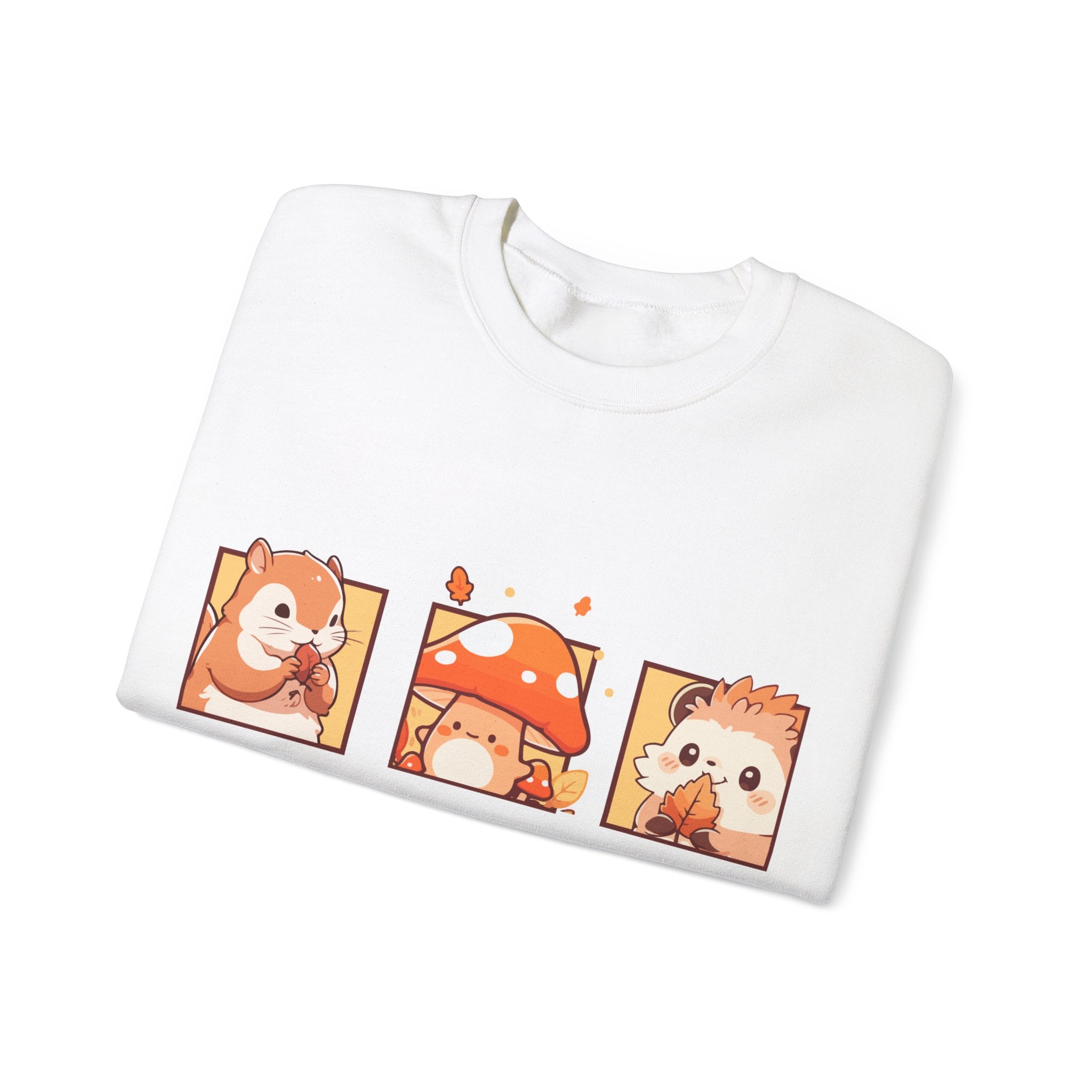 White sweatshirt with cute cartoon squirrel, mushroom, and hedgehog designs for fall.