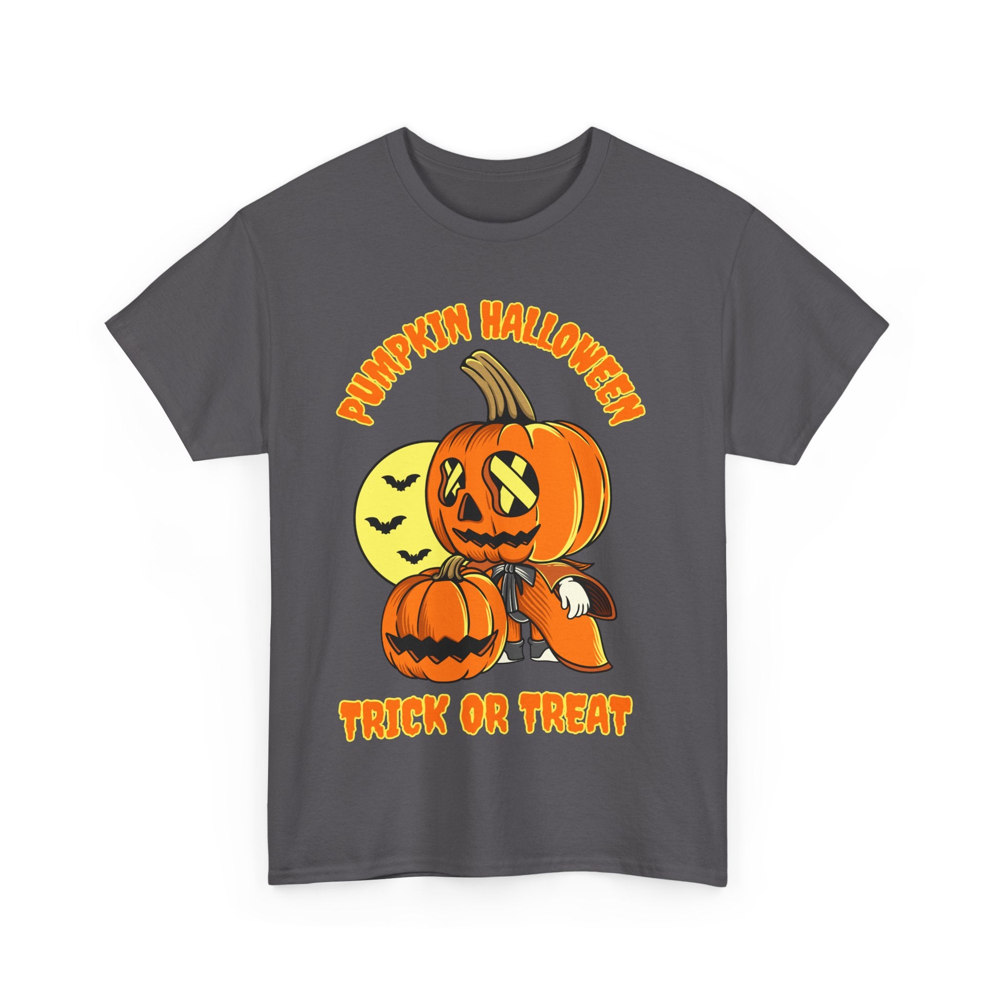 Gray Halloween t-shirt with cartoon pumpkin character, moon, 'Pumpkin Halloween' and 'Trick or Treat' text.