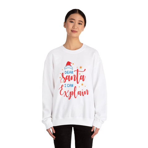 Woman wearing a white 'Dear Santa I Can Explain' Christmas sweatshirt.