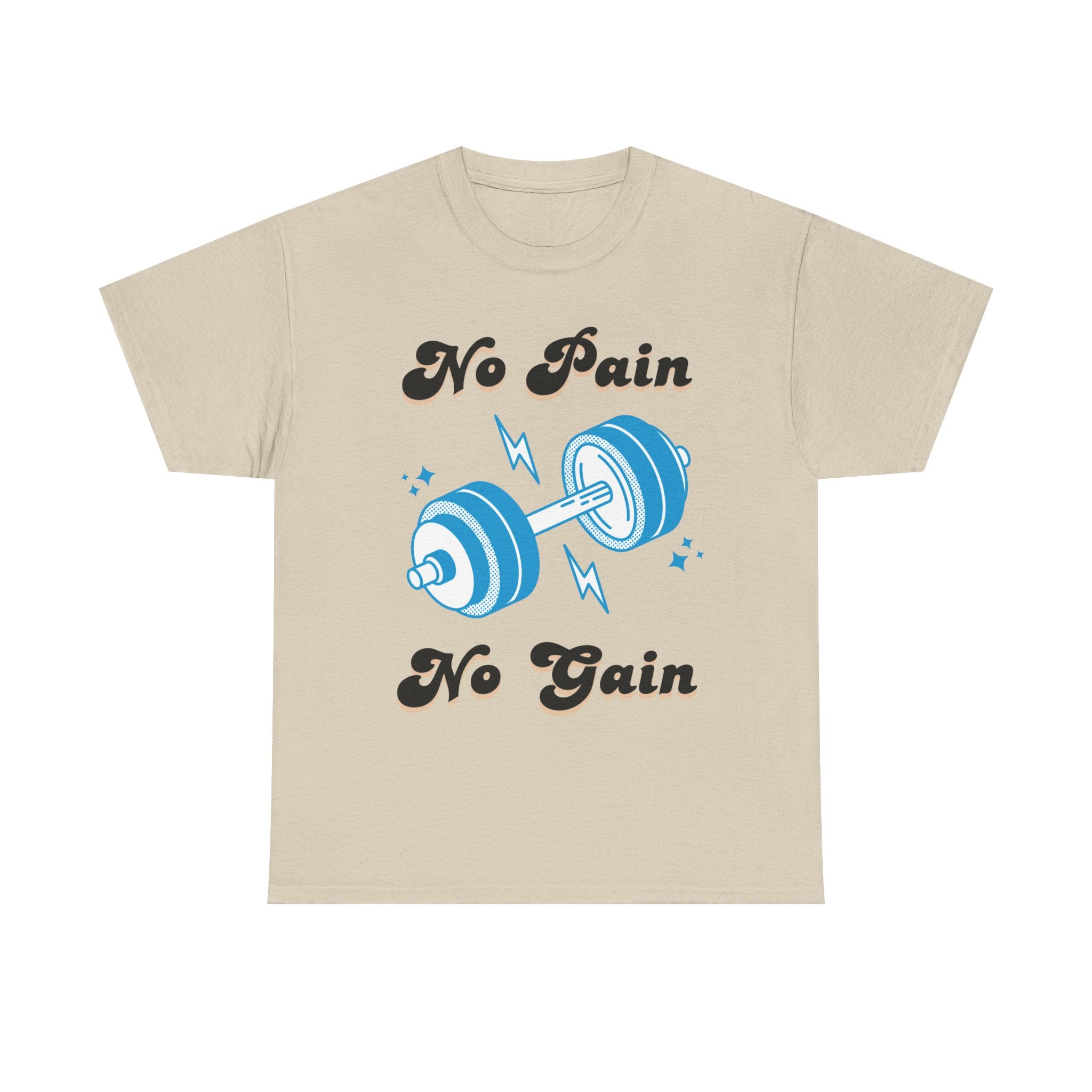 Beige t-shirt with a blue dumbbell graphic and the text 'No Pain, No Gain'.