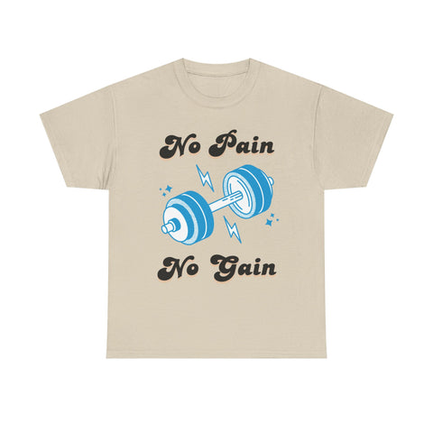 Beige t-shirt with a blue dumbbell graphic and the text 'No Pain, No Gain'.