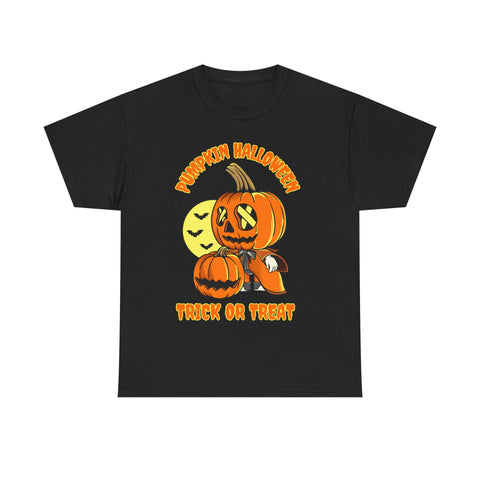 Black Halloween t-shirt with a pumpkin character design and "Trick or Treat" text.