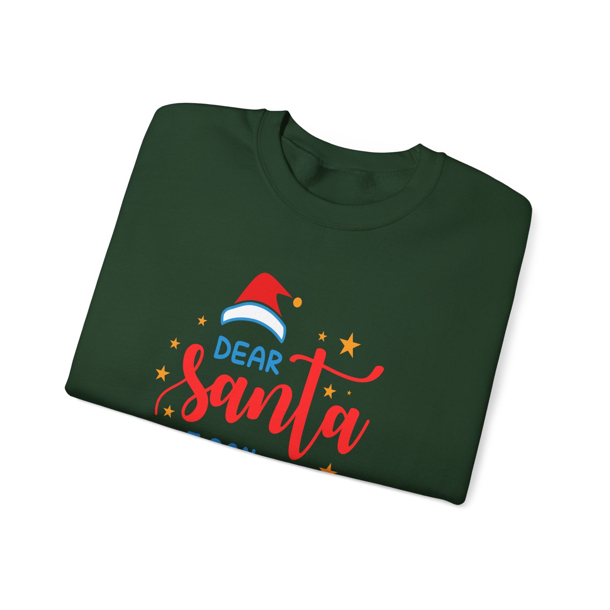 Green 'Dear Santa' Christmas sweatshirt with a Santa hat and star graphics.