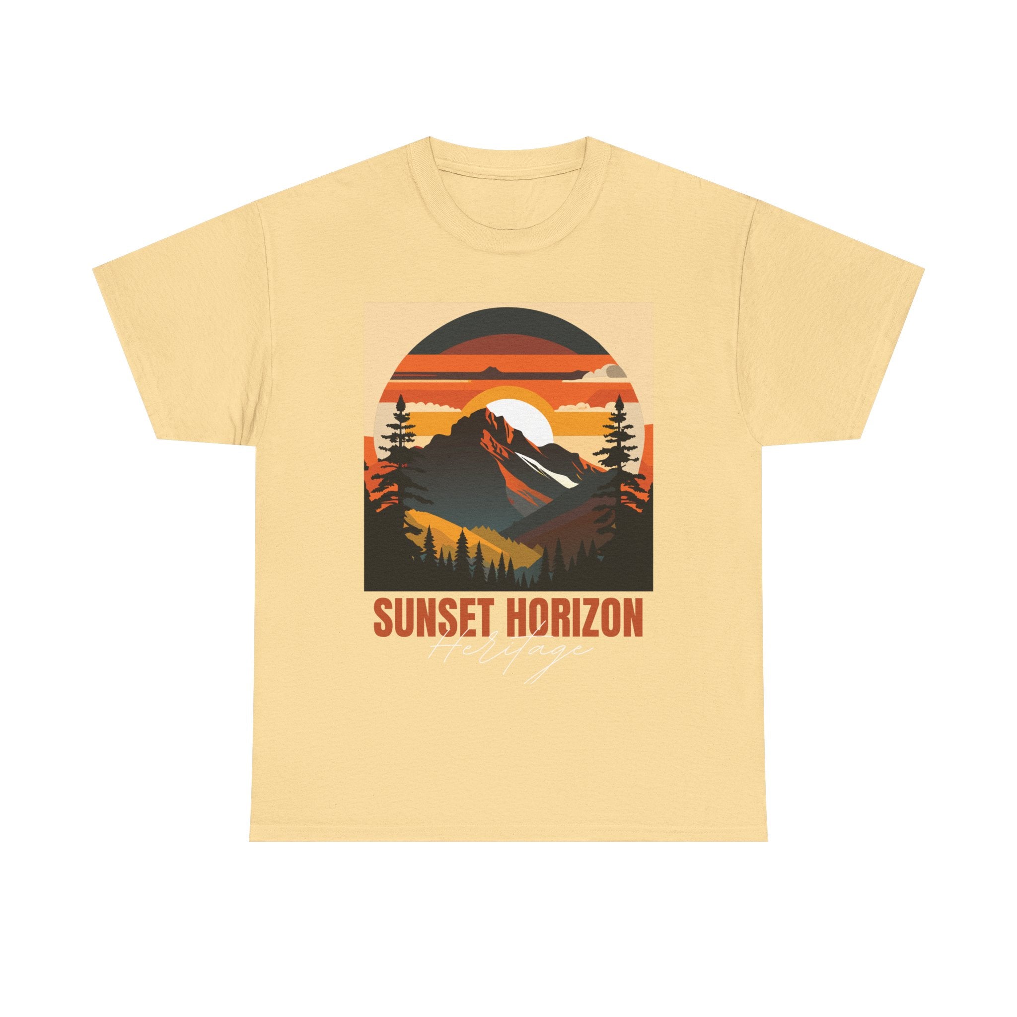 Butter yellow t-shirt featuring a 'Sunset Horizon Heritage' mountain graphic.