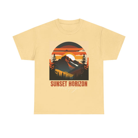 Butter yellow t-shirt featuring a 'Sunset Horizon Heritage' mountain graphic.
