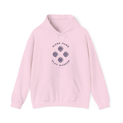 Work Hard Play Harder Unisex Hoodie, Casual Gamer Pullover, Cozy Sweatshirt for Gaming, Fitness, or Lounge Wear