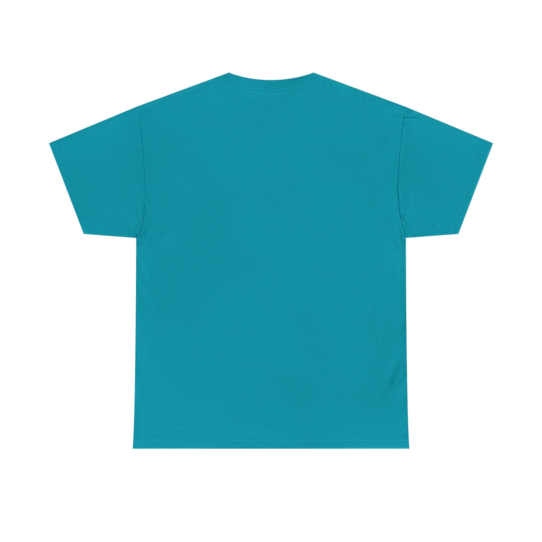 Back of a teal crewneck t-shirt.