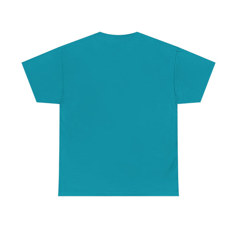 Back of a teal crewneck t-shirt.