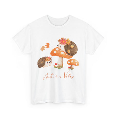 White t-shirt with 'Autumn Vibes' design featuring cute hedgehogs with flowers and mushrooms.