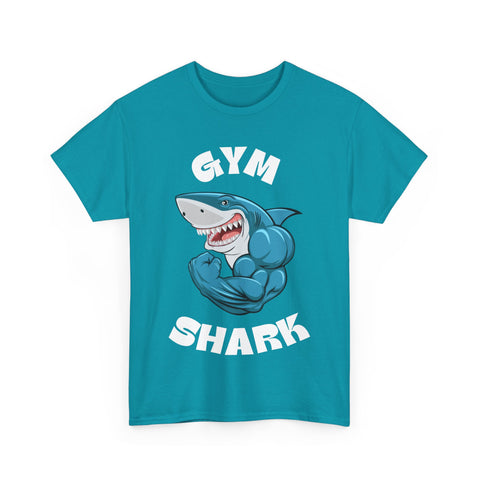 Teal 'Gym Shark' T-shirt featuring a cartoon shark flexing muscular arms. Graphic tee.