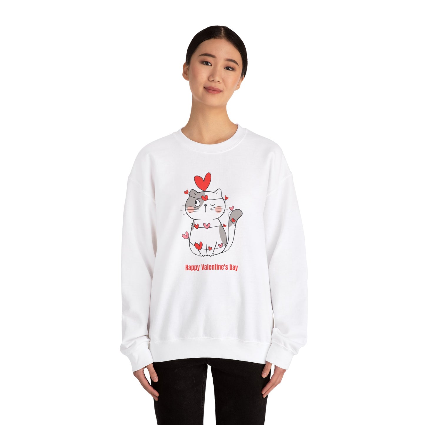 Cute Cat Valentine's Day Crewneck Sweatshirt, Cozy Unisex Sweatshirt, Cat Lover Gift, Valentine's Day Apparel, Everyday Comfort Wear