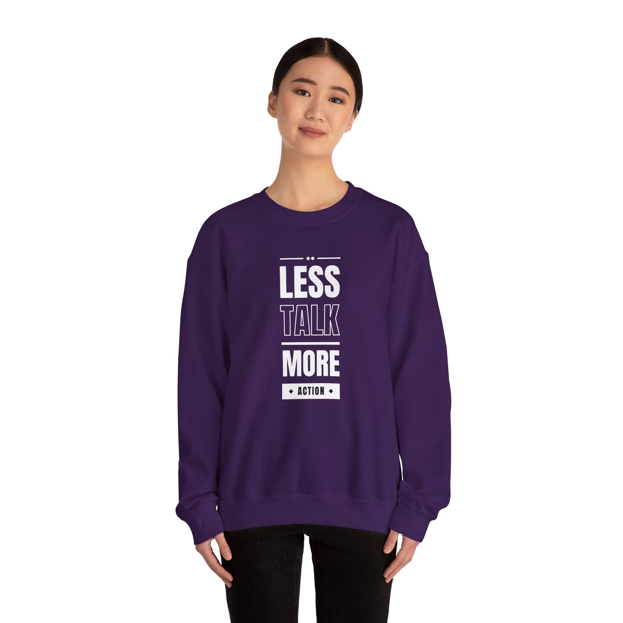 Motivational Crewneck Sweatshirt - 'Less Talk More Action', Cozy Gift for Goal Chasers, Casual Wear, Fitness Enthusiast, Inspirational