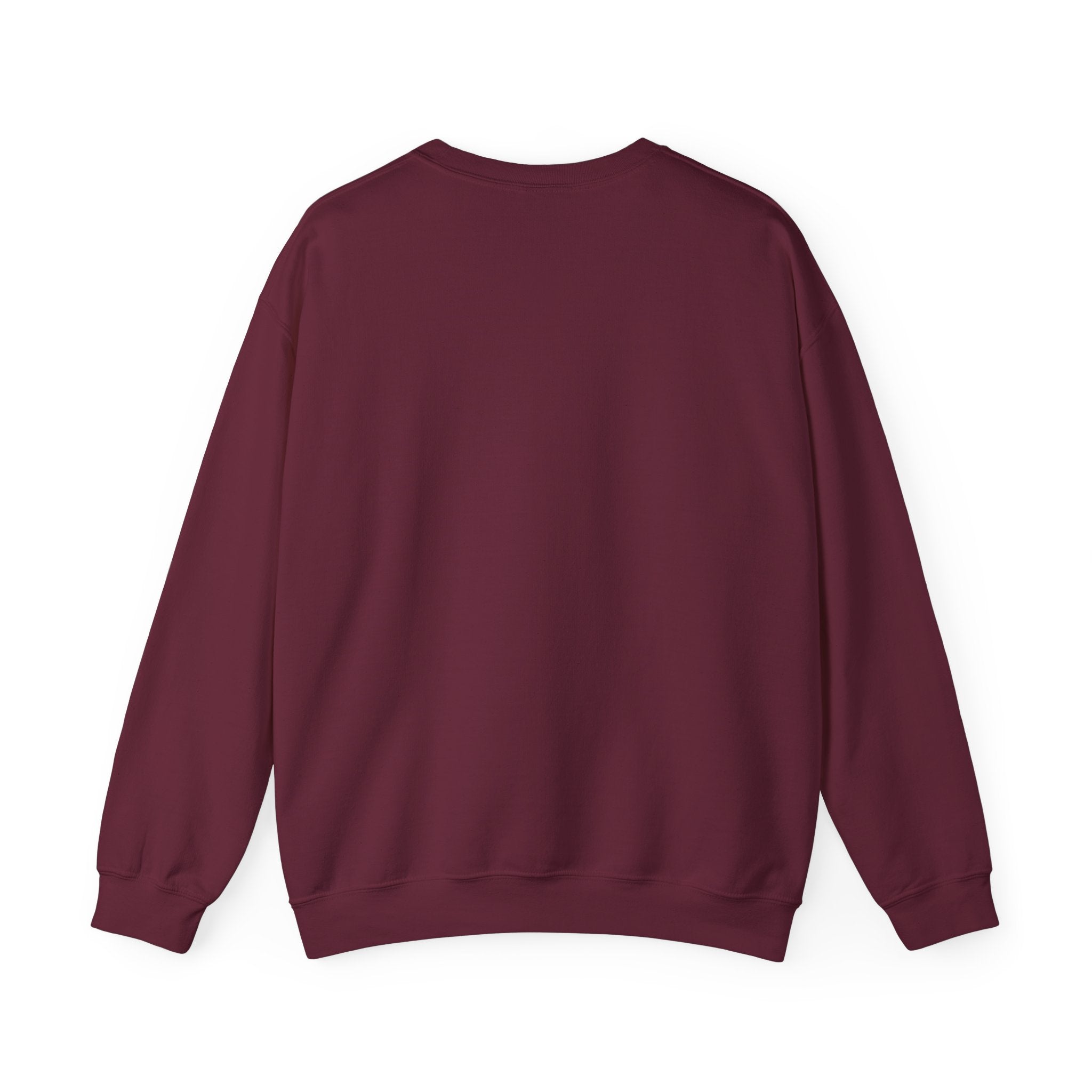 Back view of a maroon crewneck sweatshirt.