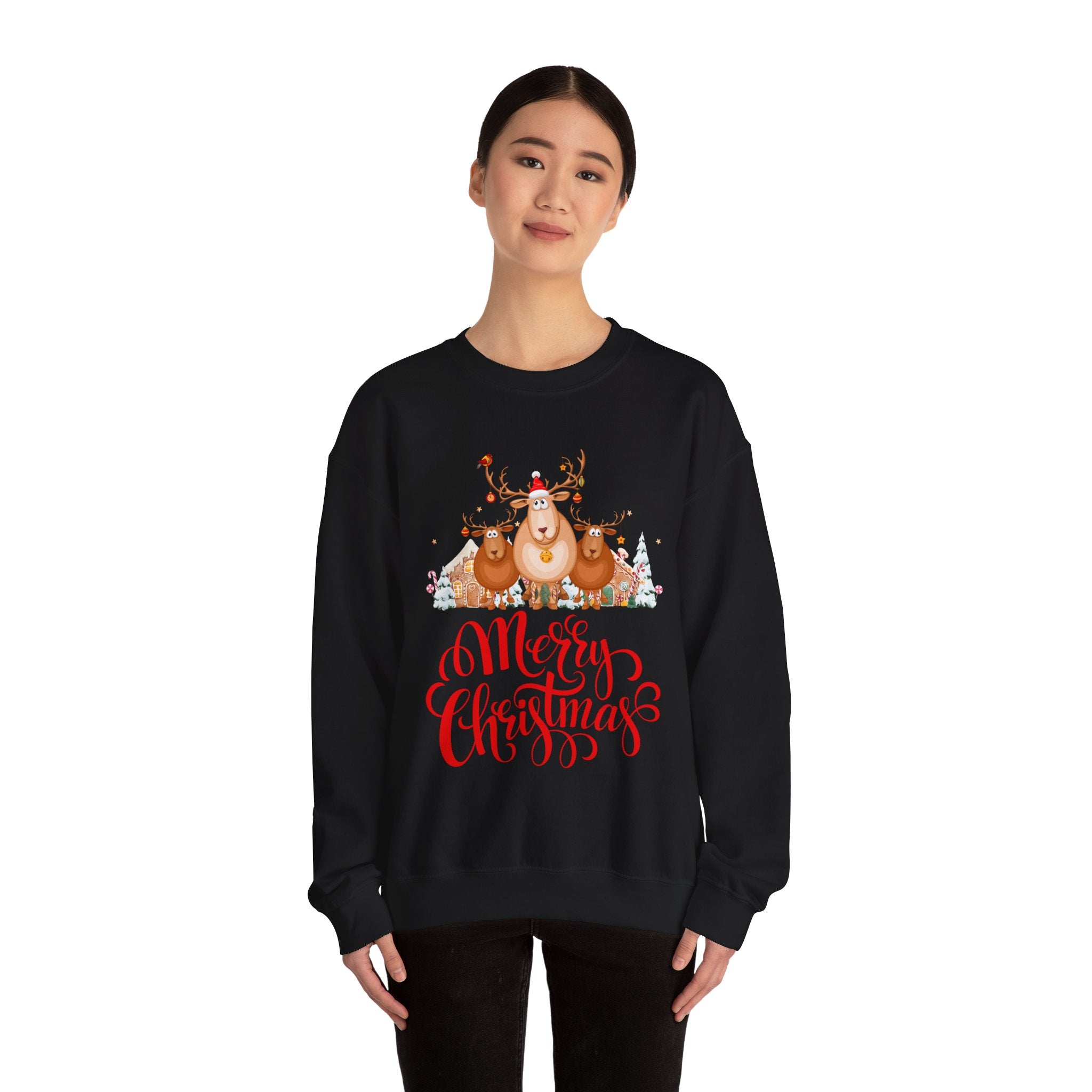 Woman wearing a black sweatshirt with a 'Merry Christmas' reindeer design.