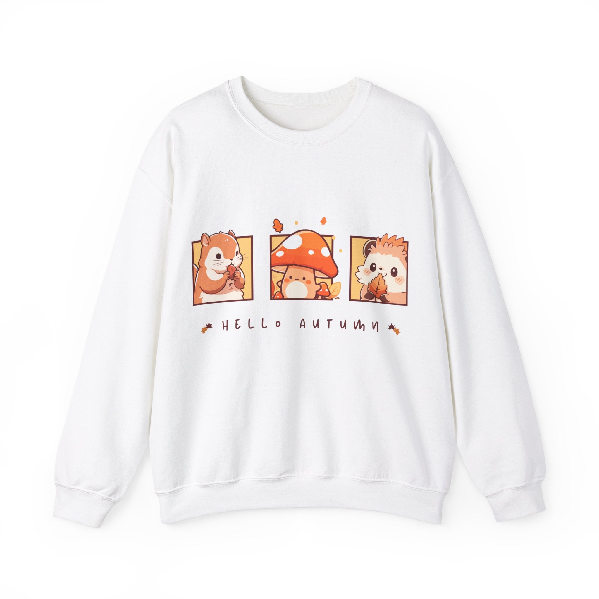 White sweatshirt with cute cartoon animals and mushroom, 'Hello Autumn' design.