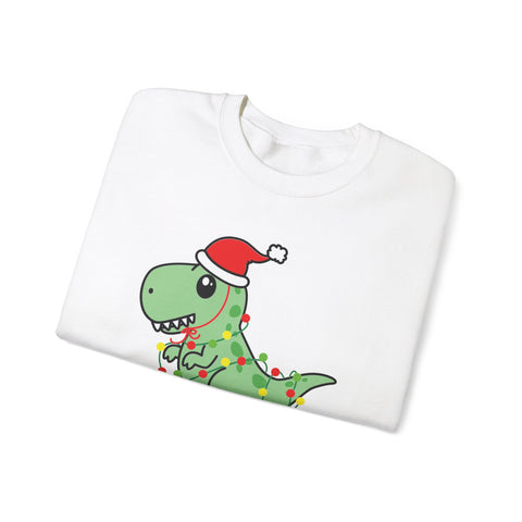 White sweatshirt featuring a cartoon dinosaur wearing a Santa hat and Christmas lights.