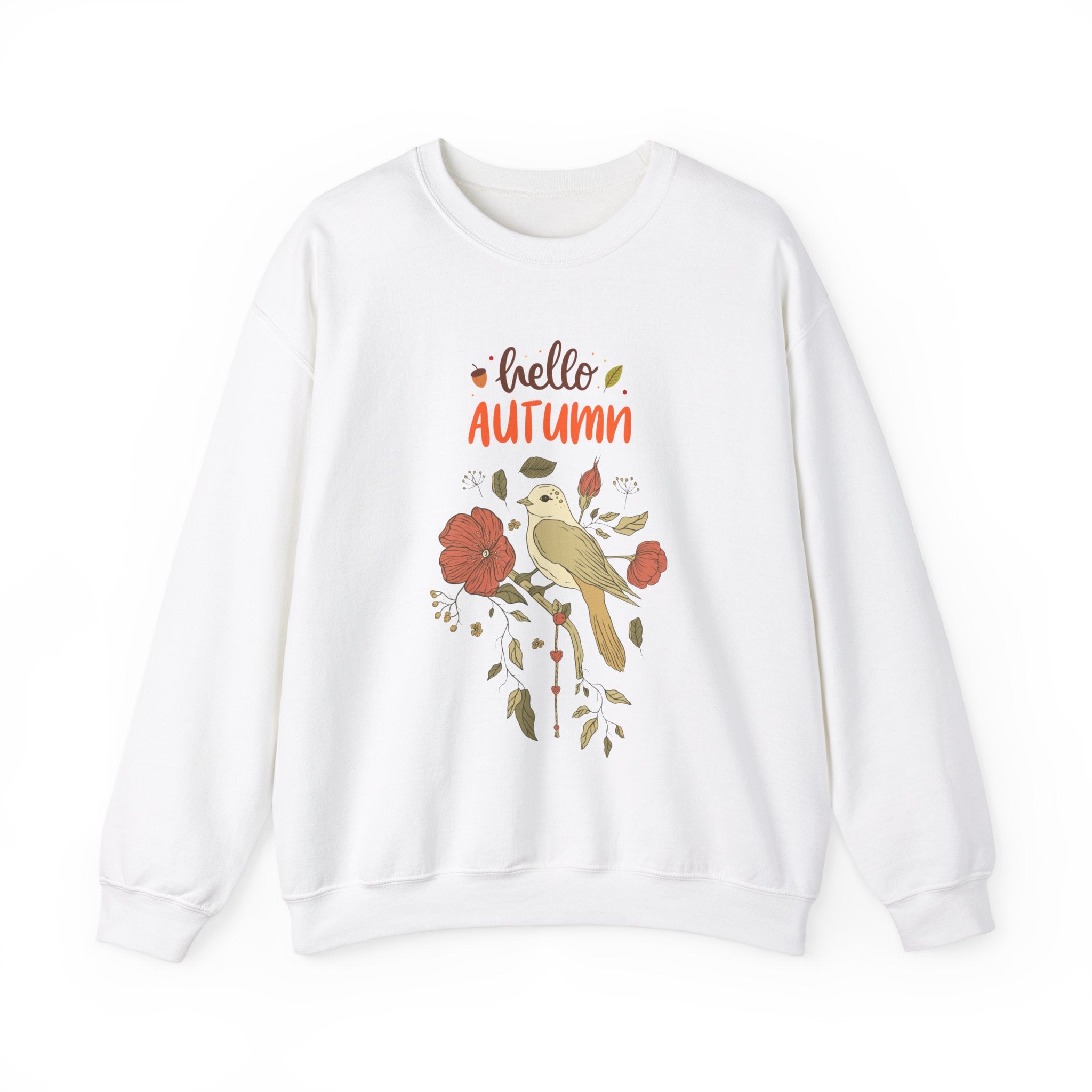 White sweatshirt with 'Hello Autumn' and bird on floral branch design.