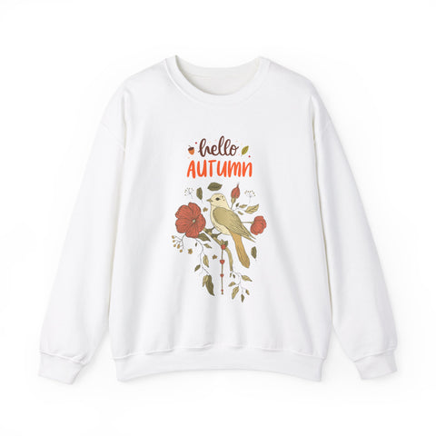 White sweatshirt with 'Hello Autumn' and bird on floral branch design.