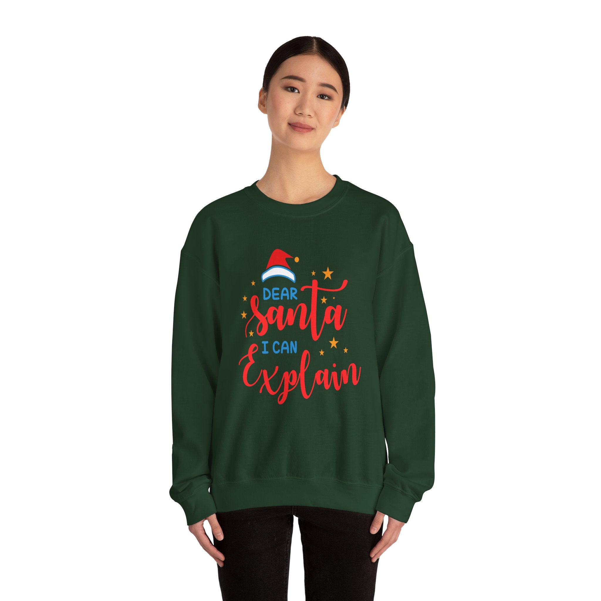 Woman wearing a green 'Dear Santa, I can explain' Christmas sweatshirt.