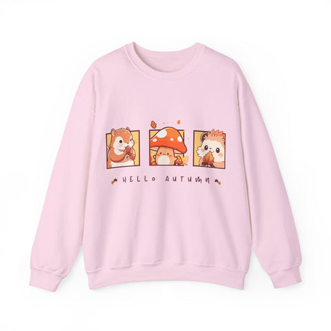 Light pink sweatshirt with 'Hello Autumn' and cute animal illustrations of a squirrel, mushroom, and hedgehog.