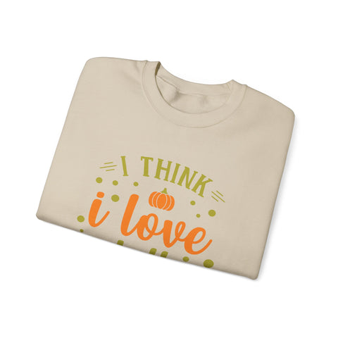 Beige sweatshirt with 'I Think I Love' pumpkin graphic.
