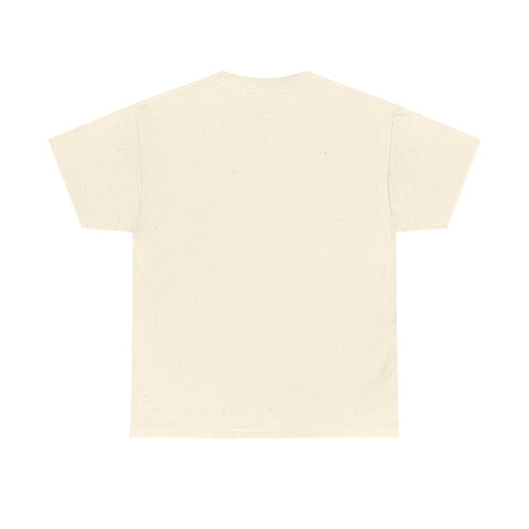Back view of a cream-colored t-shirt with short sleeves.