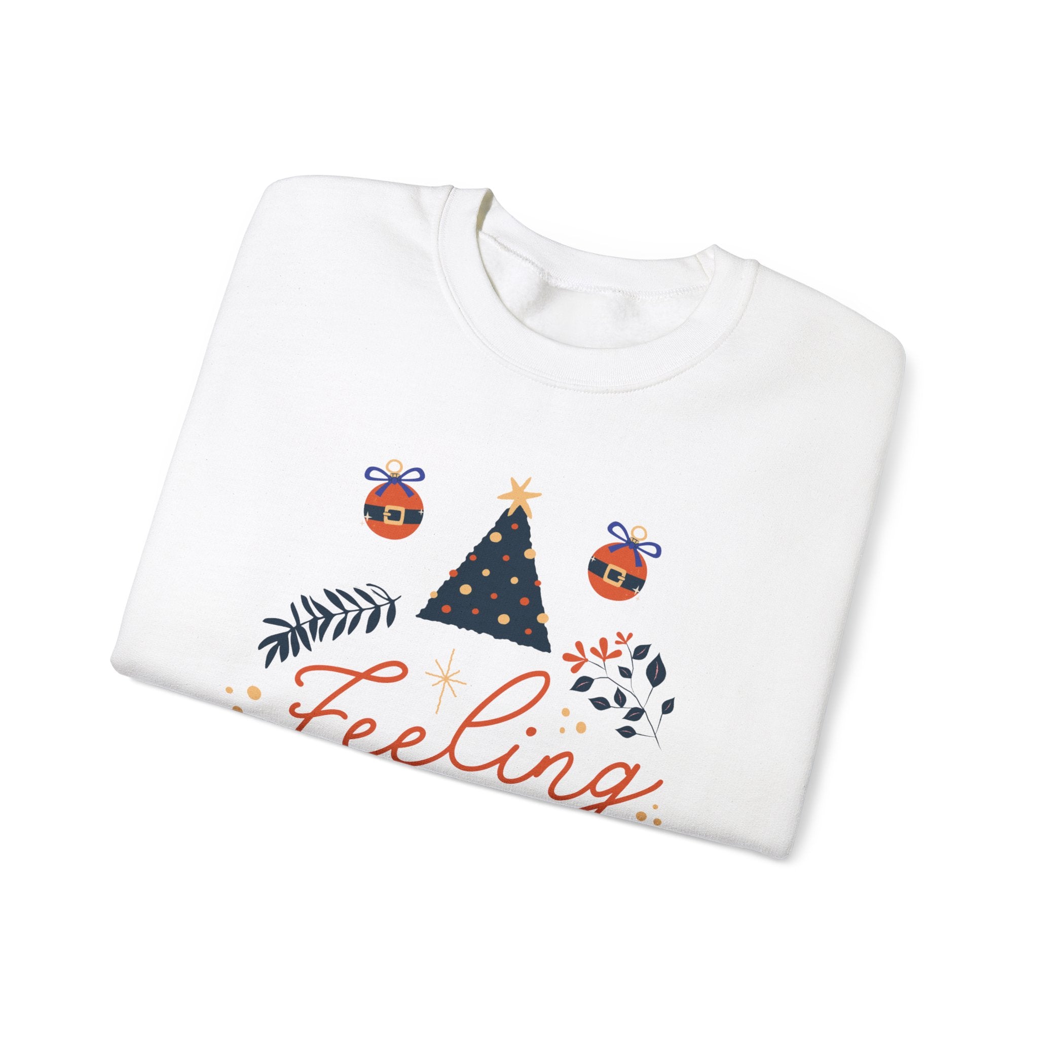 White sweatshirt with 'Feeling' text, Christmas tree, and ornament design.