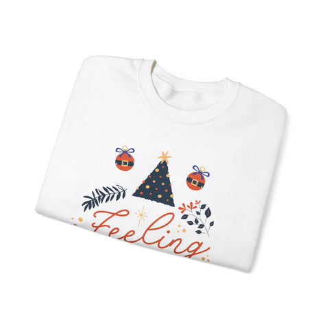 White sweatshirt with 'Feeling' text, Christmas tree, and ornament design.