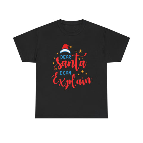 Black t-shirt with 'Dear Santa I can explain' graphic for Christmas.