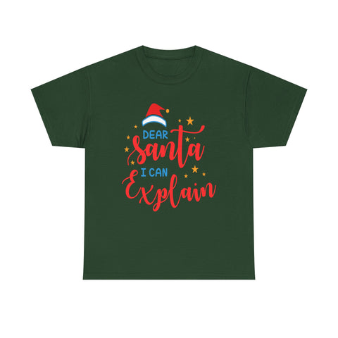 Olive green t-shirt with a red 'Dear Santa I can Explain' graphic for Christmas.