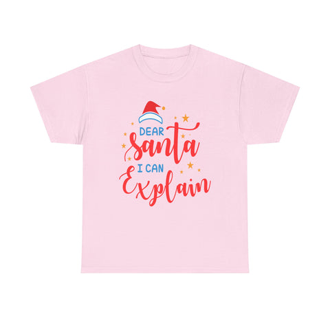 Pink t-shirt with 'Dear Santa I can Explain' print for Christmas.