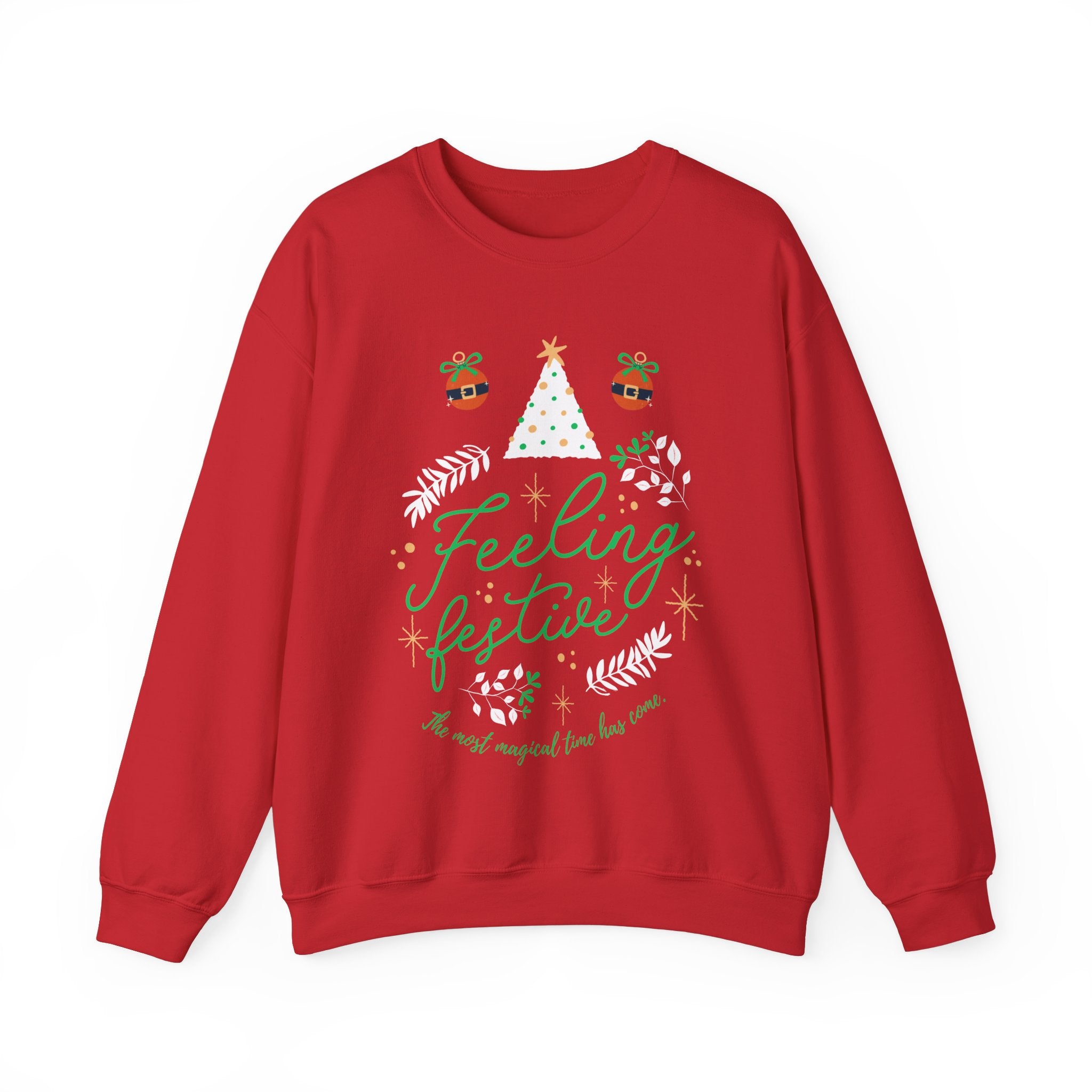 Red Christmas sweater with 'Feeling Festive' graphic, tree and ornament design.