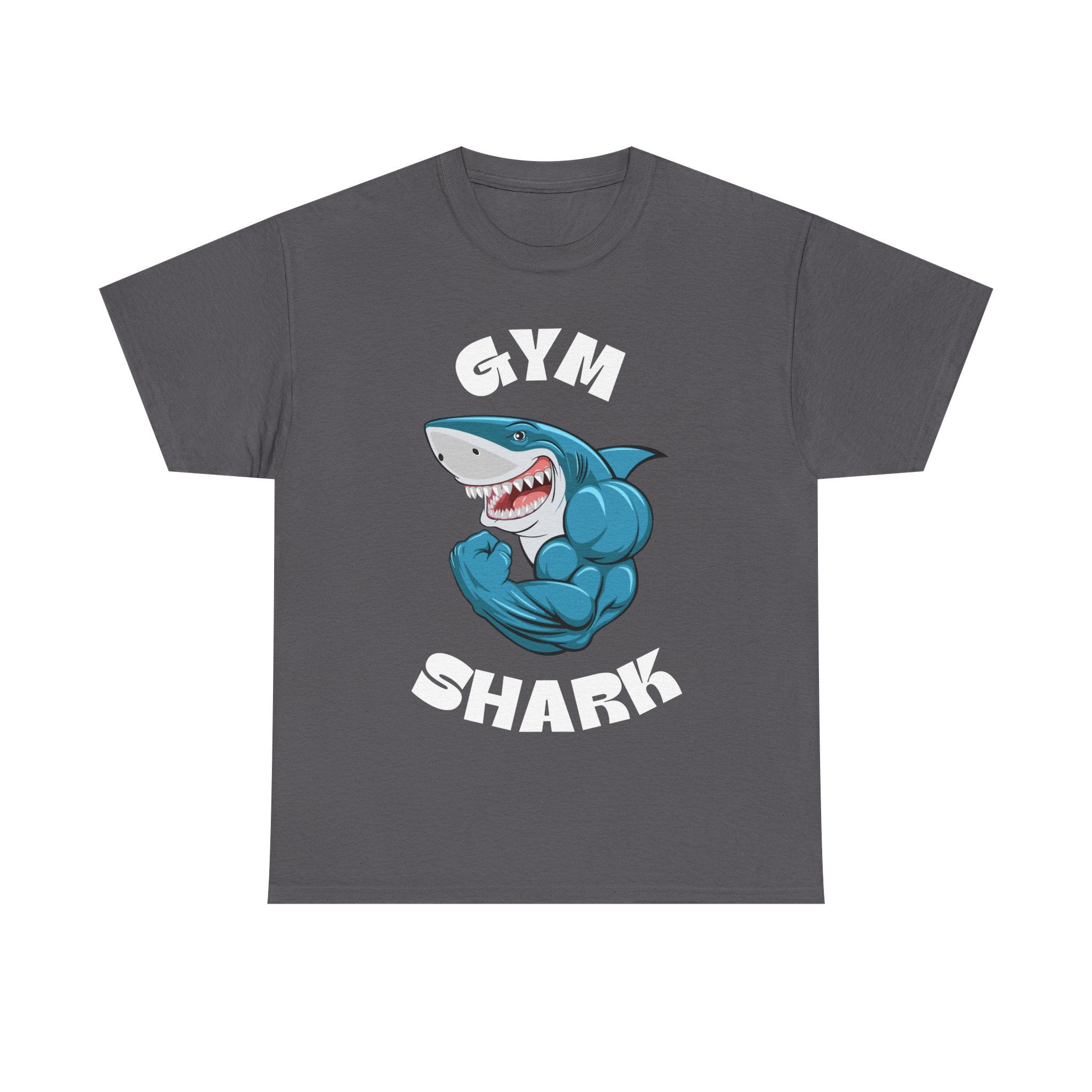 Gray Gym Shark t-shirt with a muscular cartoon shark graphic.