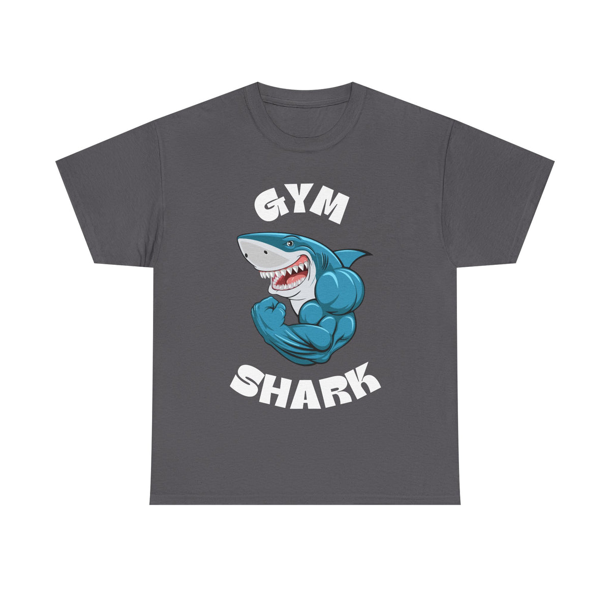 Gray Gym Shark t-shirt with a muscular cartoon shark graphic.