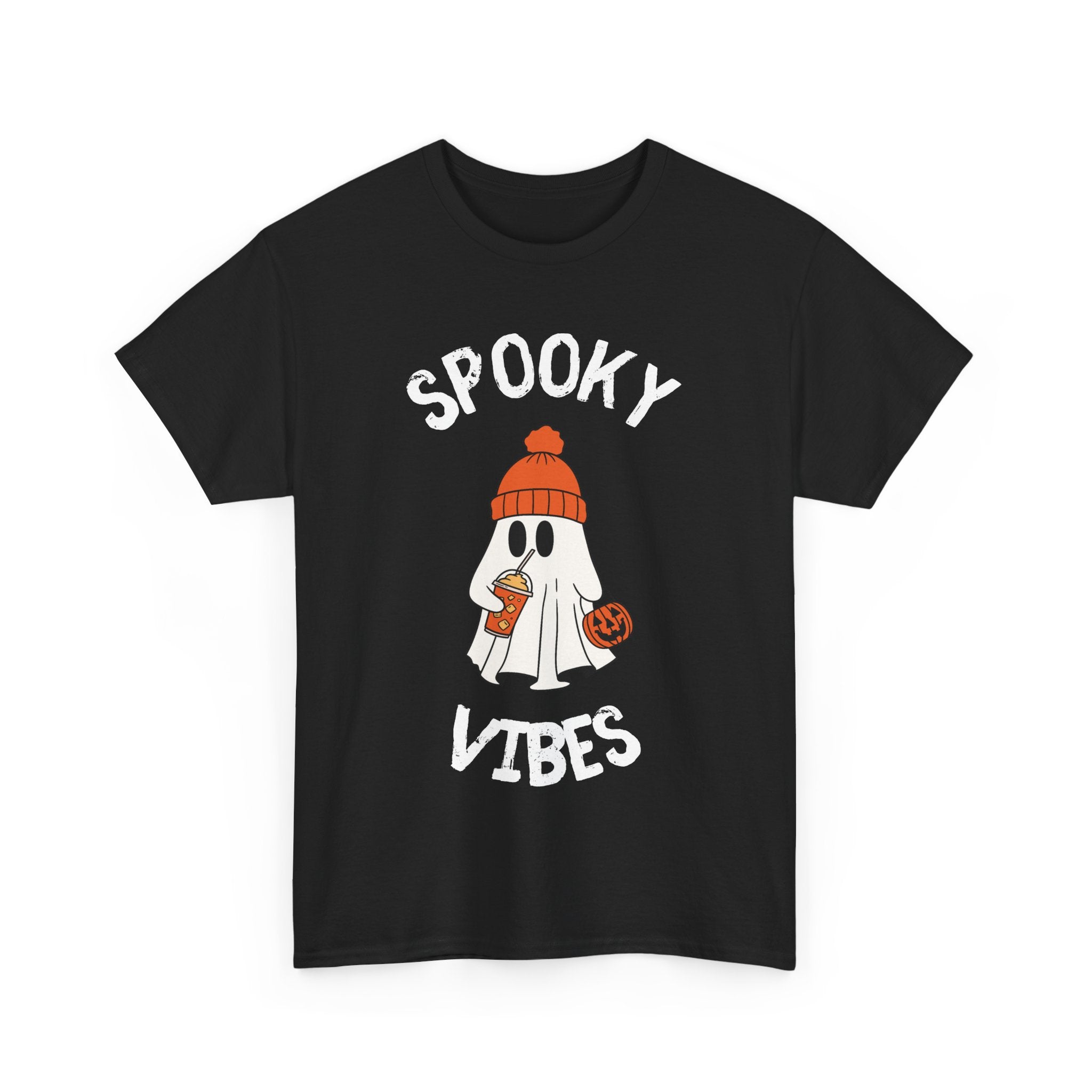 Black t-shirt with 'Spooky Vibes' graphic featuring a ghost with hat, drink, and pumpkin.