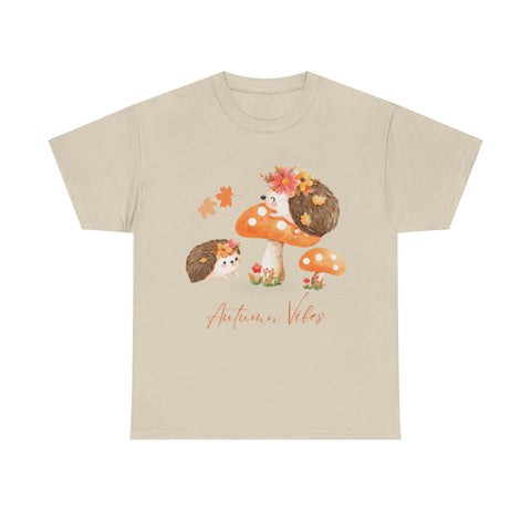 Sand t-shirt with 'Autumn Vibes' graphic featuring hedgehogs and mushrooms.